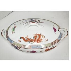 Nakazato Japanese Oval Casserole: Phoenix & Dragon Design Lidded Serving Bowl